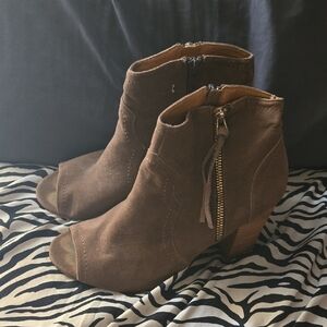XOXO Brown Suede Peep-Toe Ankle Booties with Side Zip